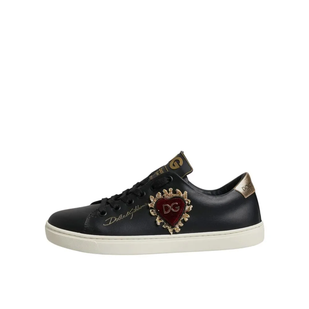 Dolce & Gabbana Black Leather Gold Red Heart Sneakers Shoes - Picture 6 of 9